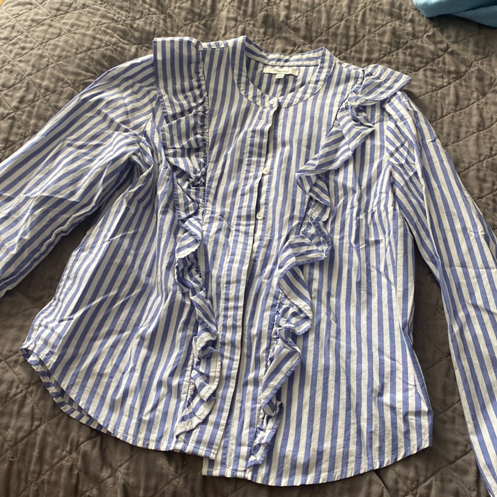 Madewell Ruffled Blue and white striped button down shirt